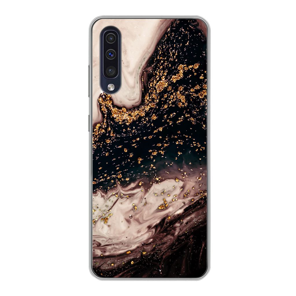 MuchoWow Handyhülle Schutzhülle Hülle für Samsung Galaxy A30s Naturstein - Gold - Schwarz Silikon Softcase Handy Hülle - Karteninhaber