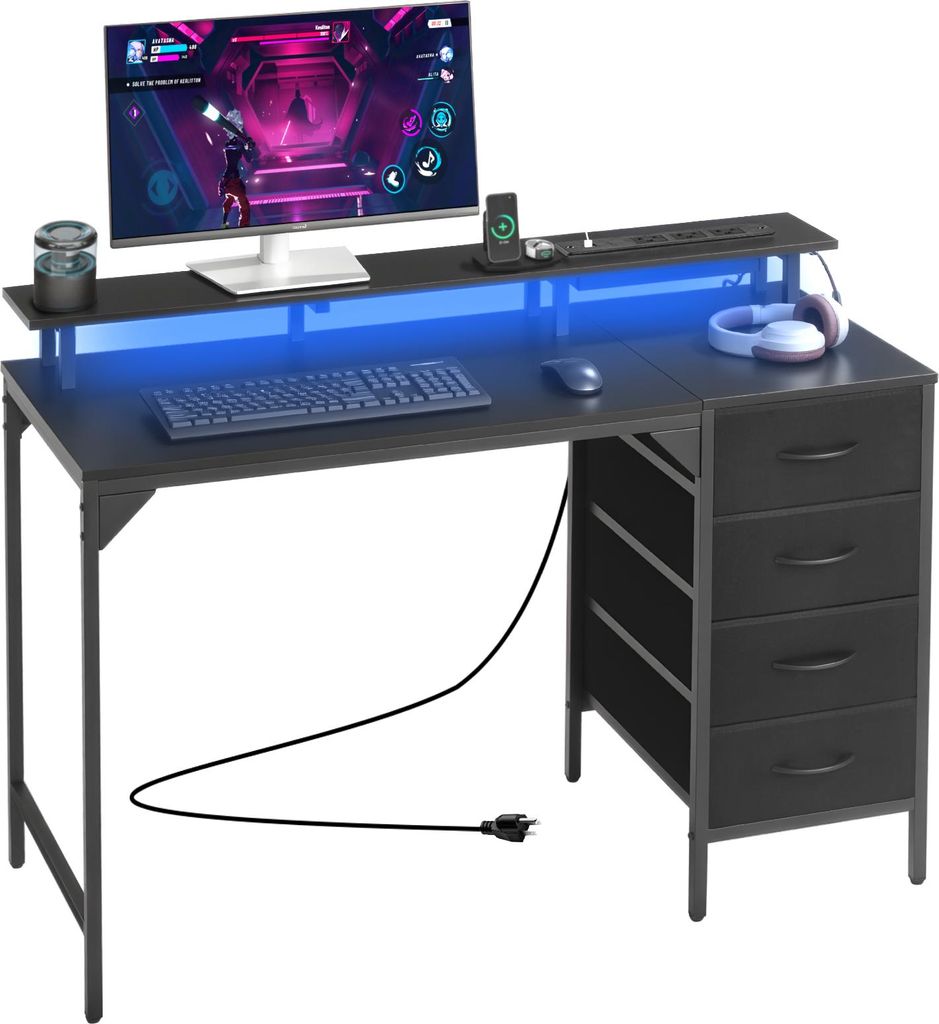 VEVOR Computertisch Bürotisch Schreibtisch mit intelligenten LED-Leuchten & Steckdosen, Arbeitstisch mit 4 großen Schubladen & Monitorständer, A...