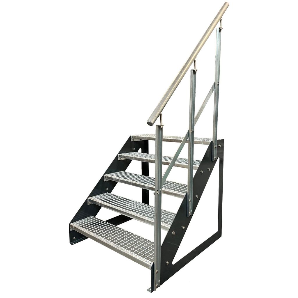 Freistehende Wangen- Stahltreppe 5 Stufen mit Geländer Rechts Verzinkt / Wangen Anthrazit / Breite 80 cm Höhe 95 cm