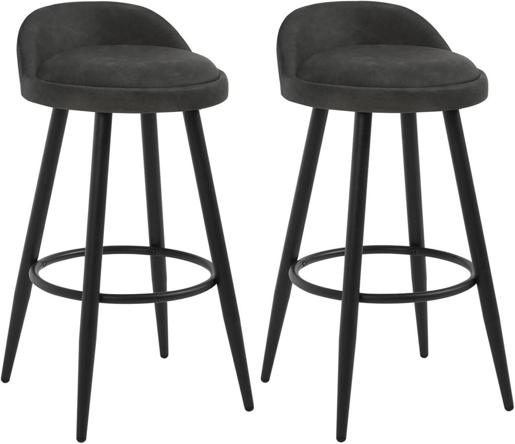 Two dark grey bar stools with black legs are shown against a white background.