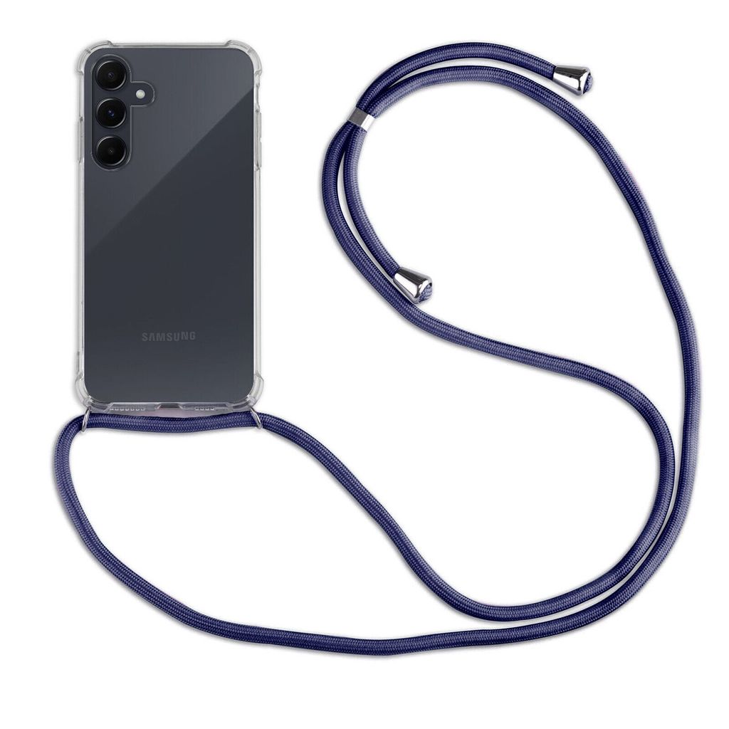 A clear product shot of a phone case with a lanyard attached, isolated on a white background.