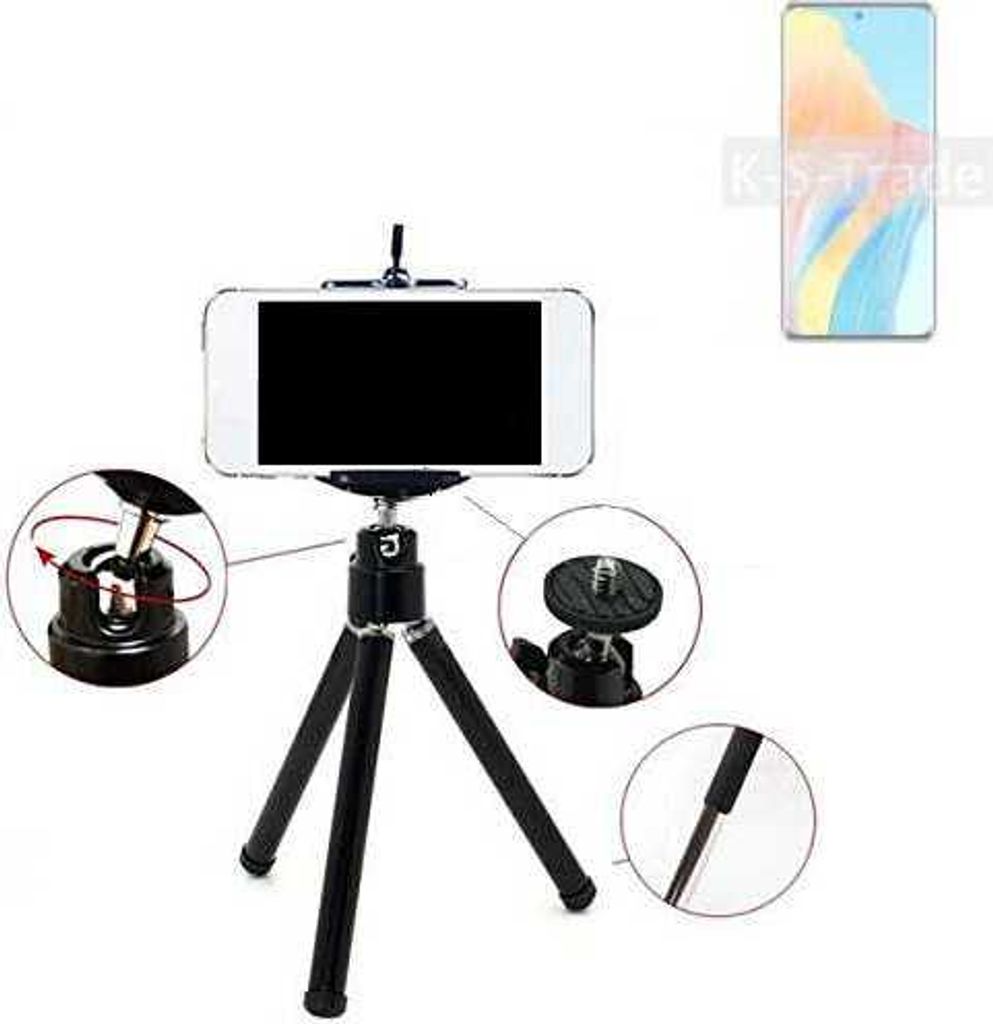 K-S-Trade Smartphone Stativ Dreibein kompatibel mit Oppo Reno 8T 5G Tripod aus Aluminium Klemmstativ Stativ Adapter für Mobiltelefone schwarz 1x