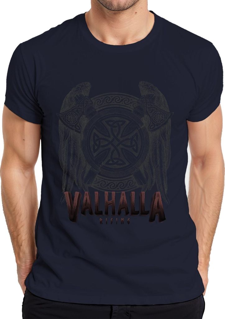 Valhalla Rising Wikinger Mythologie Odins Raben Valknut Symbol Herren T-Shirt, Navy, M