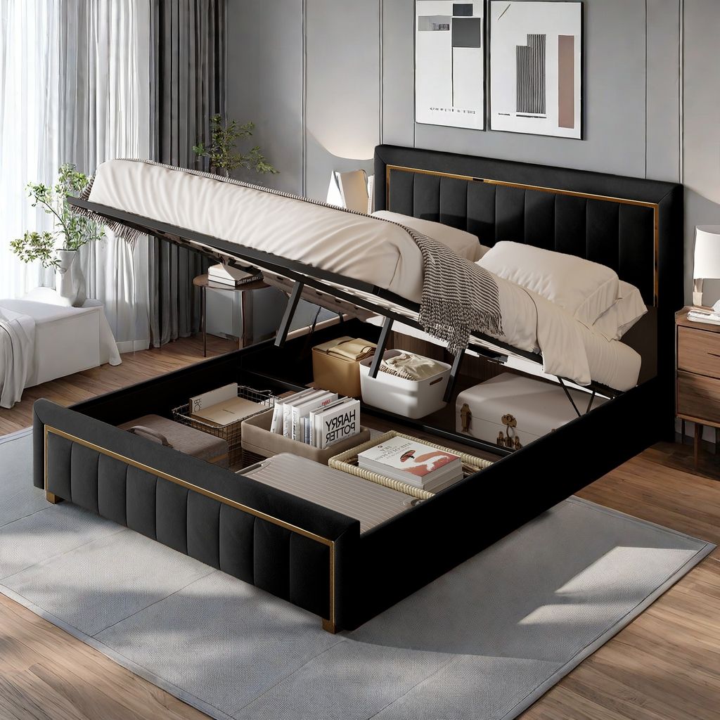 ProximaX Polsterbett , hydraulisches Boxspringbett 160x200cm mit Lattenrost und Stauraum, Doppelbett Holzbett Jugendbett Kunstleder, Schwarz