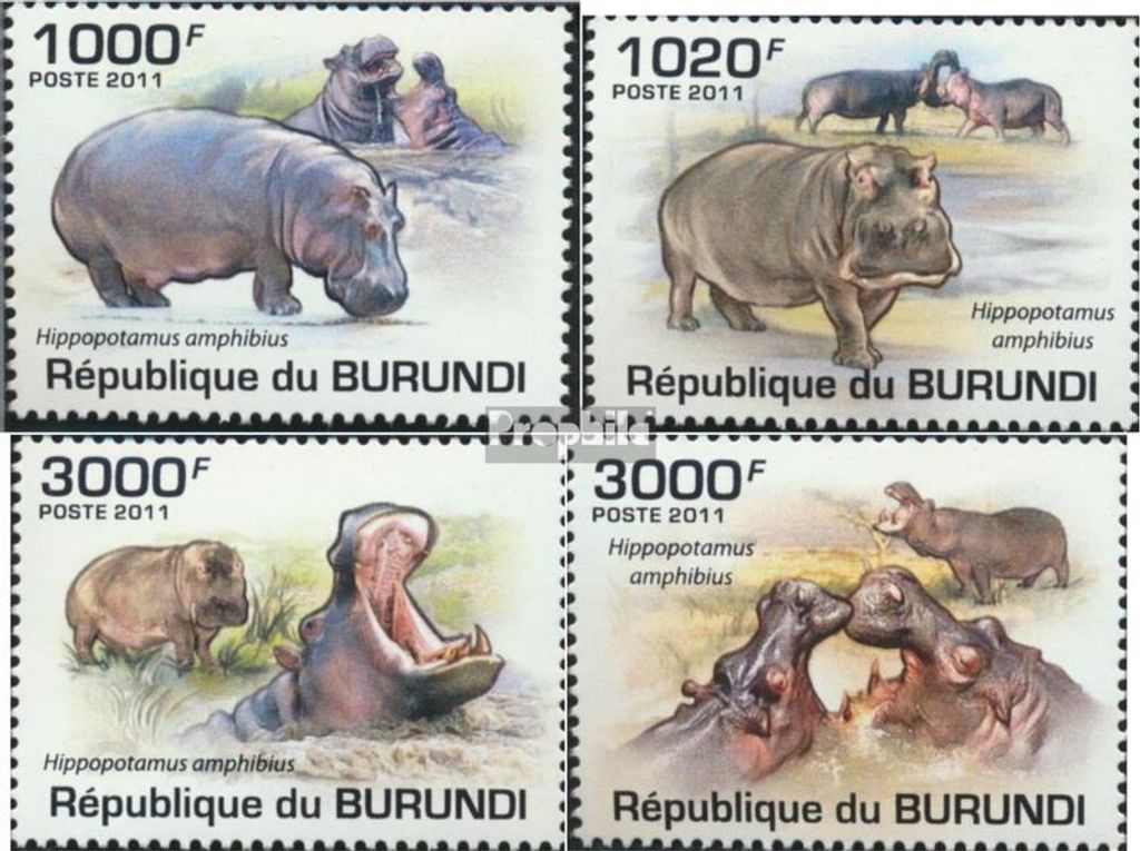 Briefmarken Burundi 2011 Mi 1982-1985 (kompl. Ausgabe) postfrisch Flusspferde (Hippopotamus amphibius)