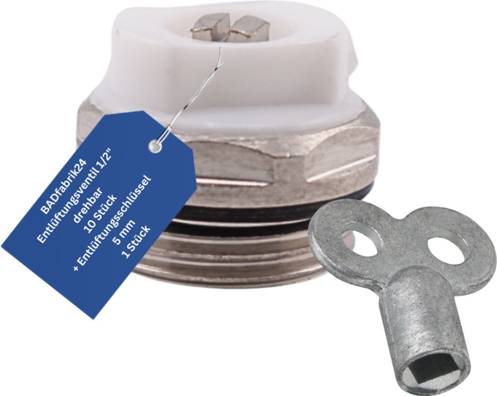 BADfabrik24 Entlüftungsventil 1/2" drehbar, Messing vernickelt mit O-Ring 10 Stück + Entlüftungsschlüssel aus Metall, Vierkant 5mm 1 Stück