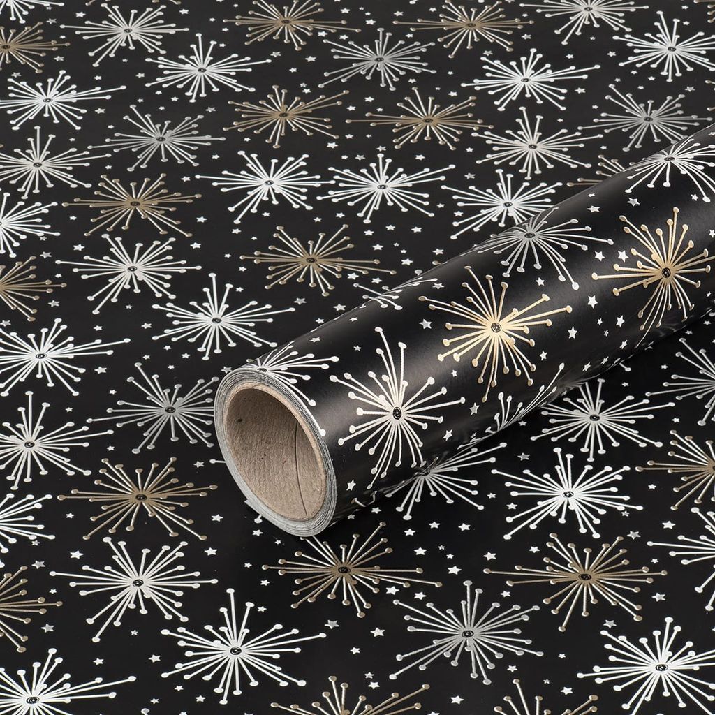Geschenkpapier für Weihnachten, Sterne, Gold, Weiß auf Schwarz, 0,70 x 10 m
