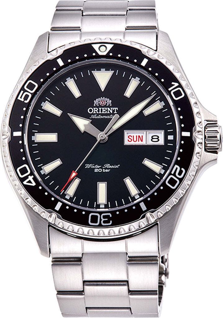 A close-up studio shot of an Orient automatic watch with a black dial and silver metal band.