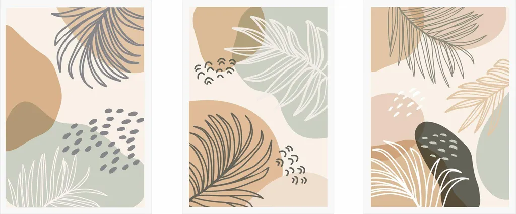 Posterset Boho abstract leaves PLN008 - Ensemble de 3 affiches murales