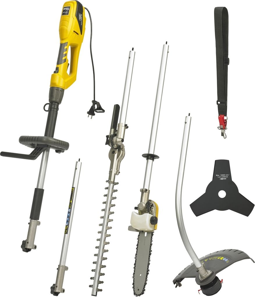 A collection of garden maintenance tools and attachments.