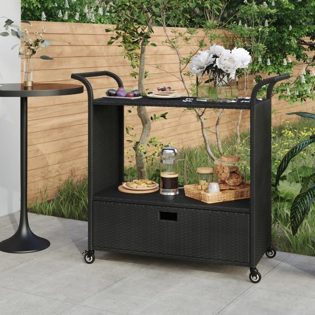 Möbel Barwagen mit Schublade Schwarz 100x45x97 cm Poly Rattan - Servierwagen 316663