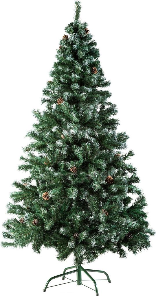 A full shot of an artificial Christmas tree with pinecones and a metal stand.