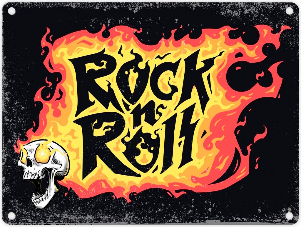 Rock n' Roll Metallschild in 15x20 cm mit Flammen und Produktbild 