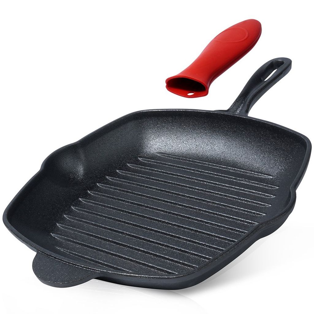 A black cast iron grill pan with a red silicone handle cover is shown against a white background.
