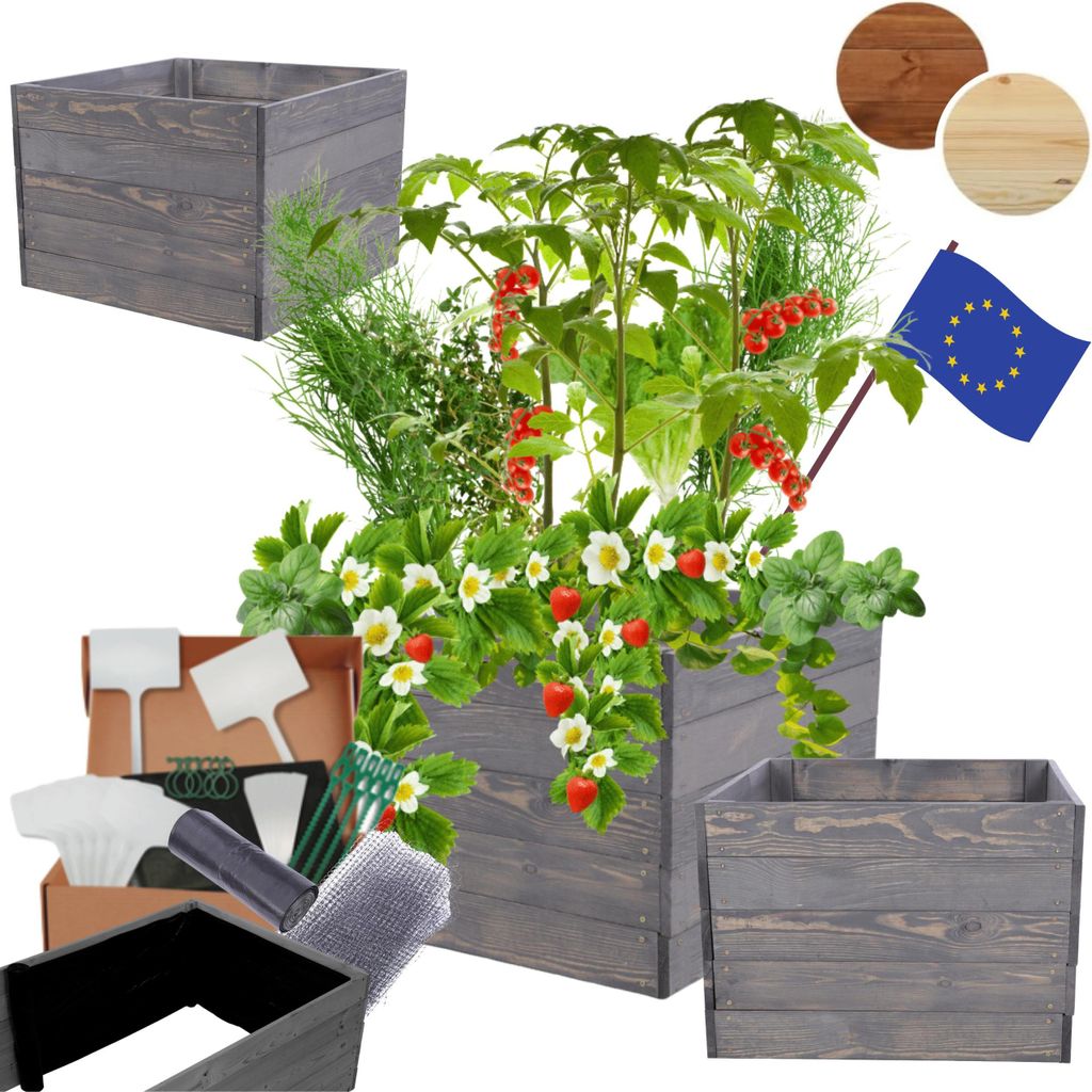 MODO24 Hochbeet Holz, Pflanzkasten, Massivholz, Kiefer, Kräuterbeet, Blumenkasten, Garten, Terrasse, 45x93x60 cm, Grau, ZP06