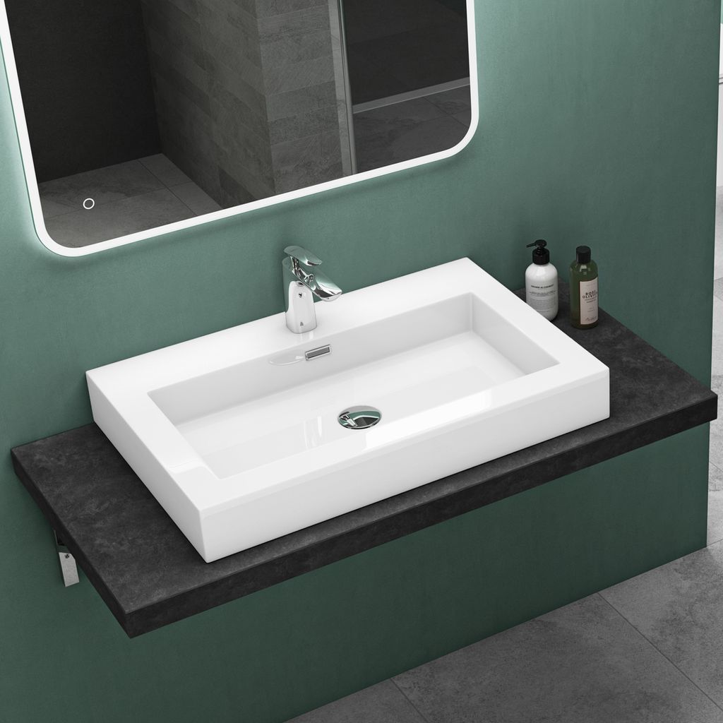 Mai & Mai Waschbecken Hänge-Waschtisch Aufsatz-Waschschale Mineralguss Weiß 1 Armaturenloch rechteckig Breite: 73 cm col18