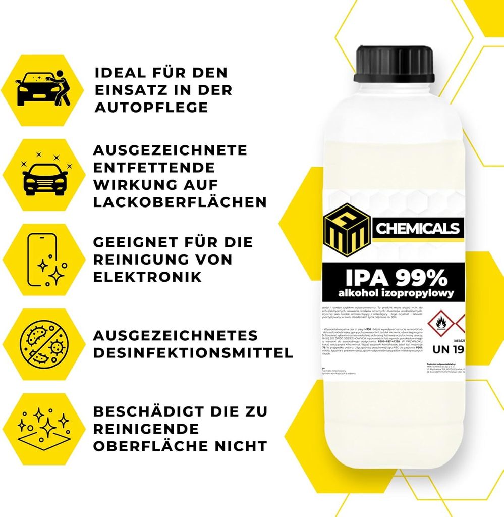 MRM CHEMICALS Isopropanol 1L Rein 99,9% Isopropylalkohol IPA Cleaner Entfetter Lösungsmittel Desinfektionsmittel Reiniger für Elektronik Handy Au...
