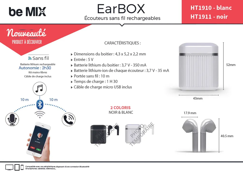 Écouteurs sans fil type boutons et boîtier de recharge nomade Earbox