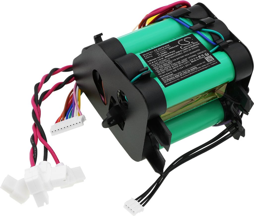 A battery pack with multiple green cells and various colored wires connected to a black plastic holder.