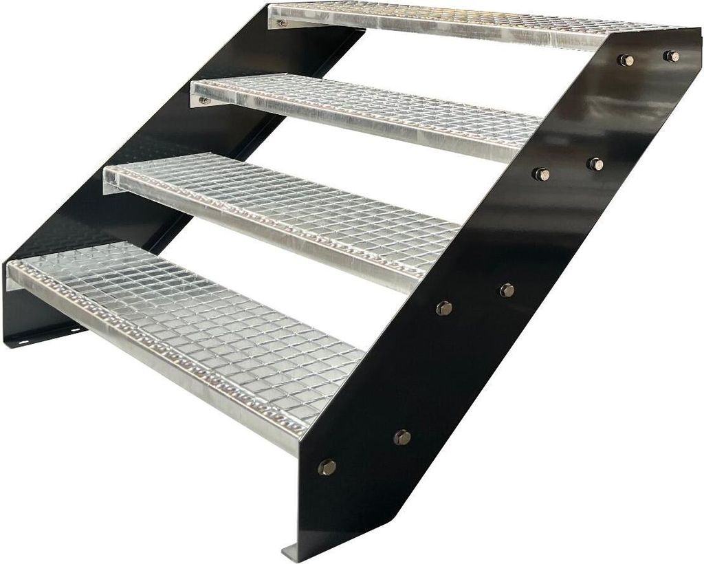 Gitterrost Stahl Wangentreppe 4 Stufen Verzinkt & Anthrazit Pulverlackierte Wangen - (L x B x H) 82cm x 140cm x 76cm