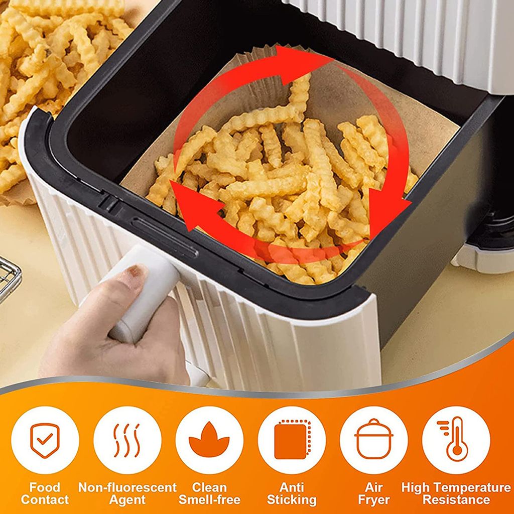 100 Stück Backpapier für Heißluftfritteuse,20cm Quadrat Airfryer Backpapier Antihaft Einwegschalen Luftfritteuse