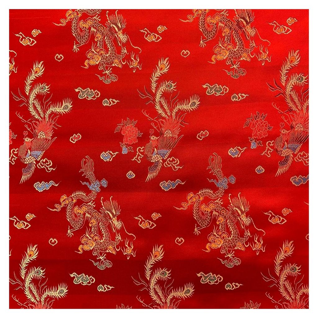 Brokatstoff mit chinesischem Drachen, bestickt, seidig, Satin, orientalisches Bastelmaterial, 90 cm breit, Meterware (rot)