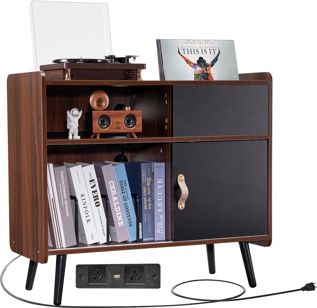 SucceBuy Plattenspielerständer mit Steckdose, für 350 Alben, Tisch mit Vintage-Vinyl-Aufbewahrung für Wohnzimmer, Schlafzimmer, Braun