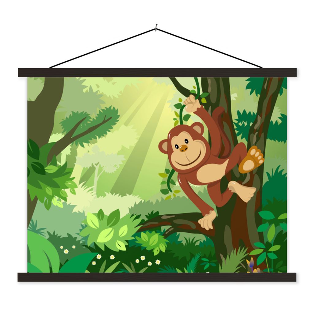 MuchoWow Textilposter Affe - Dschungel - Jungen - Mädchen - Blumen - Kinder 150x113 cm mit schwarzem Rahmen - Wohnzimmer