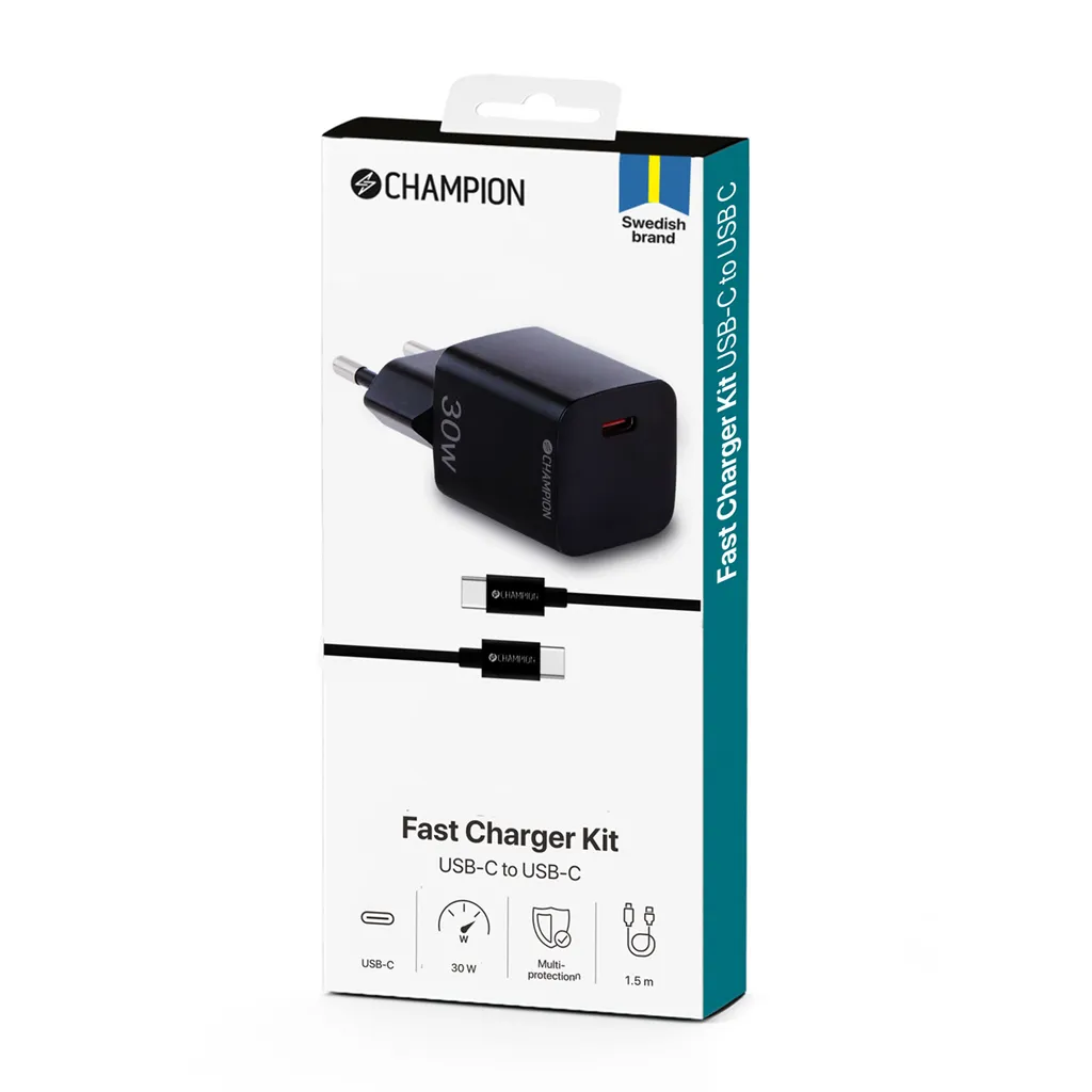 Chargeur 30W USB C noir rapide avec câble de charge type C de 1m50 - 2