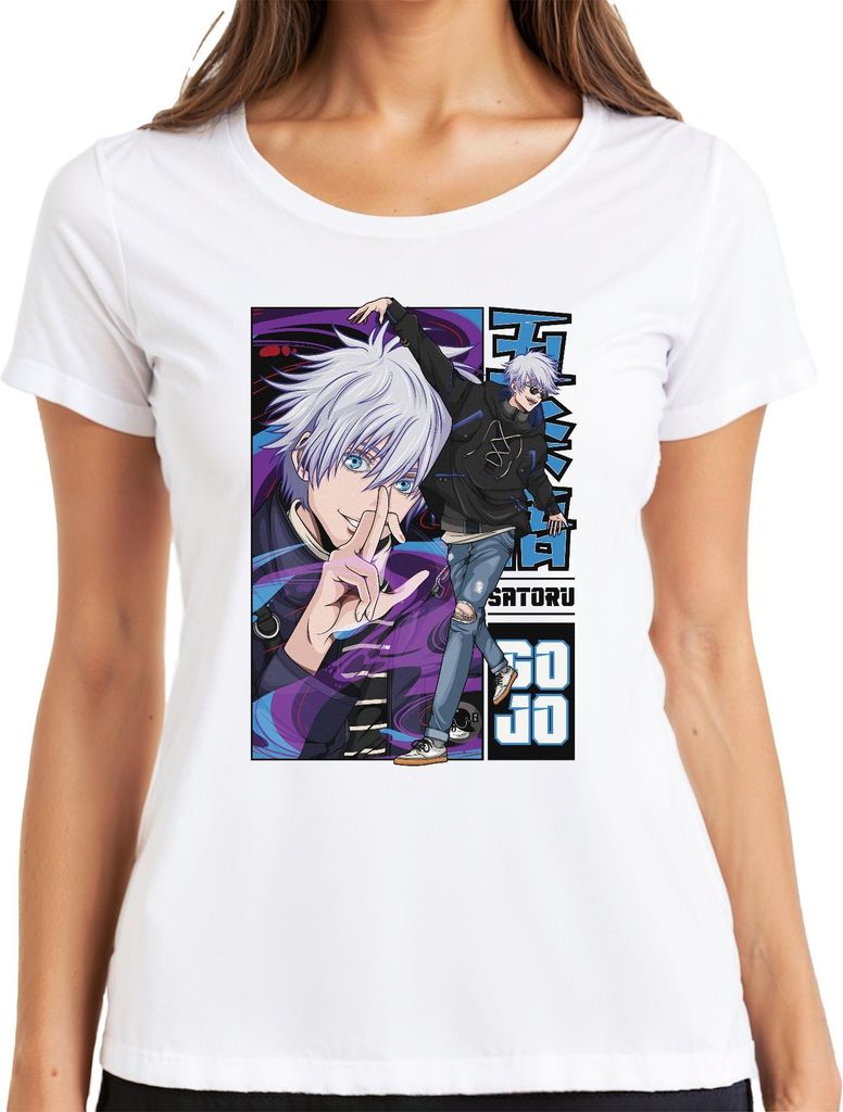 Satoru Gojo Jujutsu Kaisen weißes Haar Haar blaue Augen Fan Damen T-Shirt, Weiß, 3XL