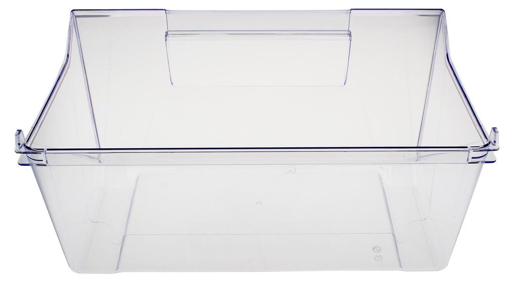 A clear, front-facing studio shot of a transparent plastic refrigerator drawer.
