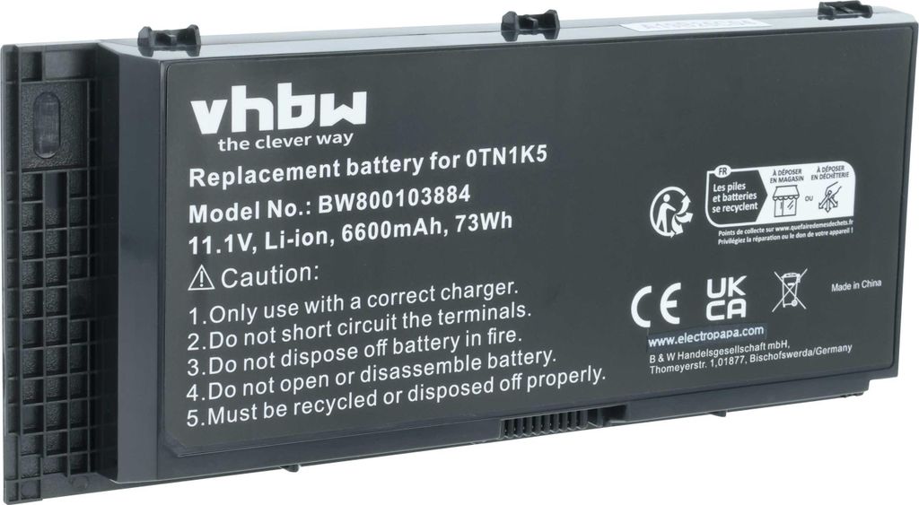 vhbw Akku kompatibel mit Dell Precision M6600, M6800, M4600, M6700, M4700, M4800 Notebook (6600 mAh, 11,1 V, Li-Ion)