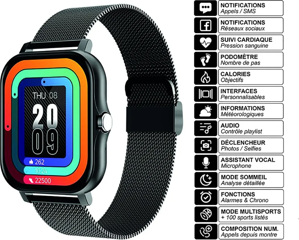 Montre connectée lisible au soleil avec bracelet acier durable