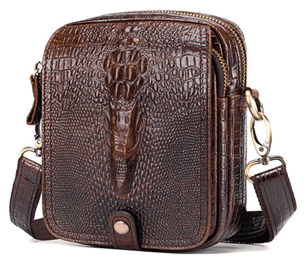 Sac à bandoulière homme en cuir véritable café motif alligator premium