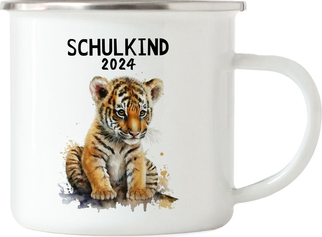 Schulkind 2024 Tiger Emaille Tasse Schuleinführung Sohn Tochter Geschenk Schulanfang Erstklässler
