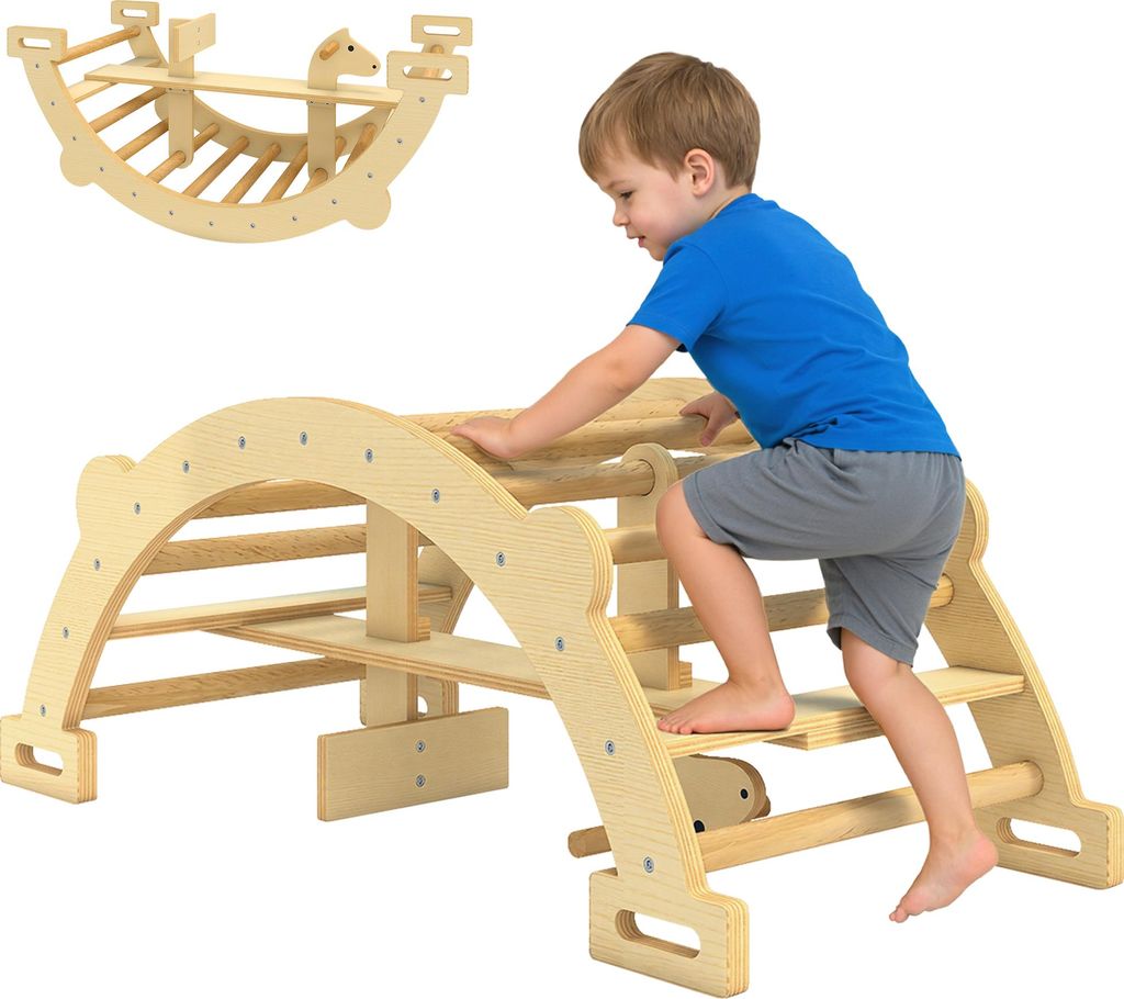 Montessori Klettergerš¹st Indoor. 2 in 1 Kletterbogen aus Holz. fš¹r Kinder 2-4 Jahre. 110x52x45 cm. Naturholz