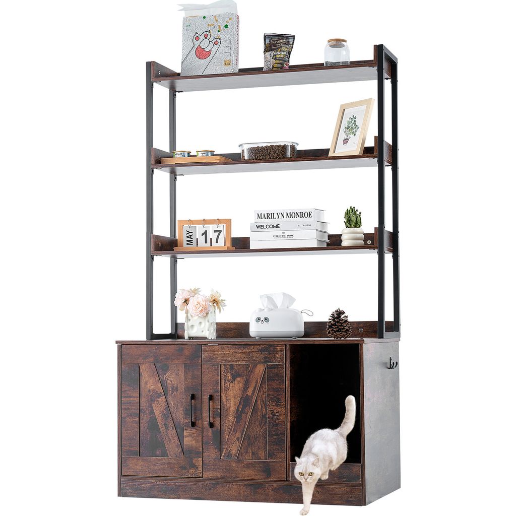 A dark brown wooden cabinet with two doors and an open compartment, designed to conceal a litter box. A white cat is exiting the open compartment.