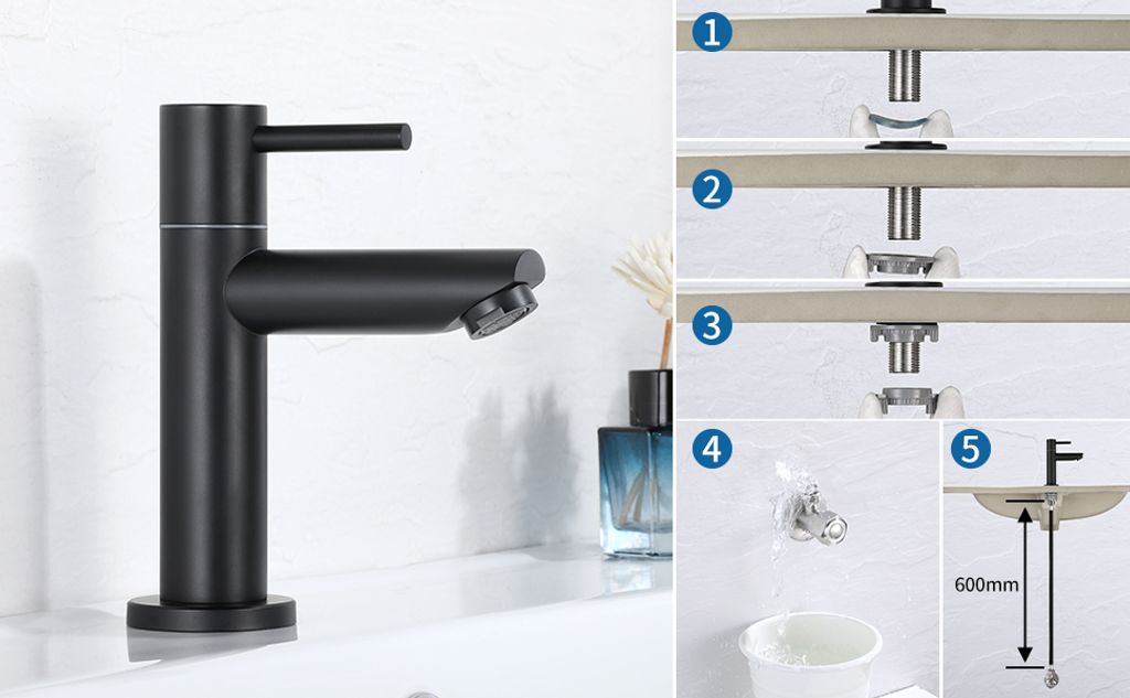 Kaltwasser Armatur für Bad Wasserhahn Schwarz Produktbild 9