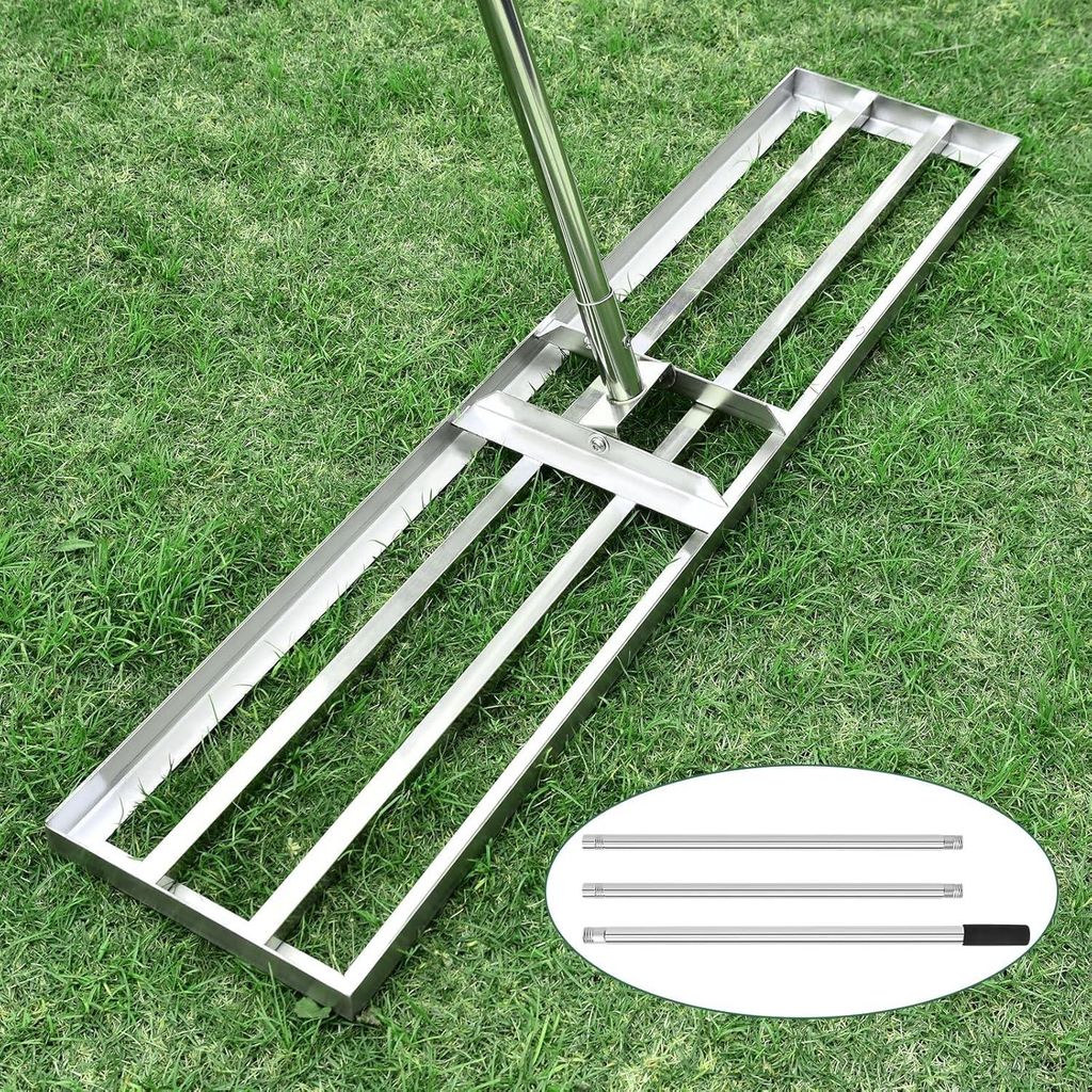 Edelstahl Rechen Rakel 118*25cm Lawn Leveling Rake mit Stiel 2 Meter Rakel für Rasen Rasenrechen Nivellierrechen Rasensand Flächenebner Rasenschi...