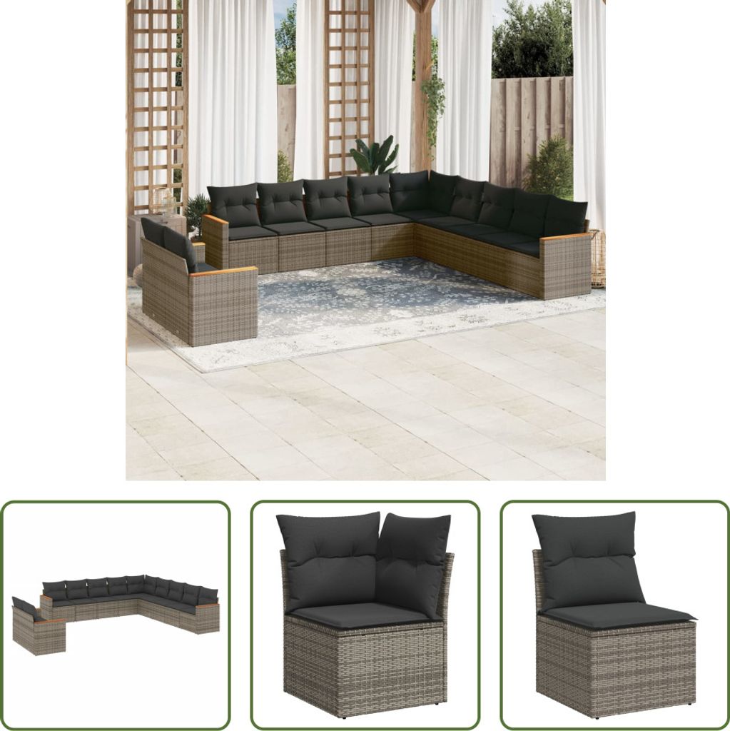 The Living Store 11-tlg. Garten-Sofagarnitur mit Kissen Grau Poly Rattan