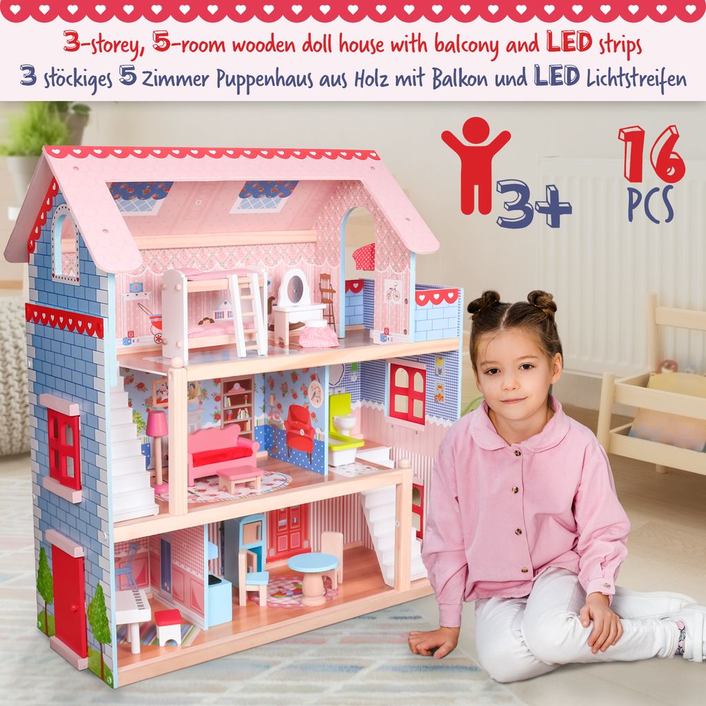 Puppenhaus aus Holz 2 Etagen Holzpuppenhaus mit LED Beleuchtung Holzspielzeug ^ 
