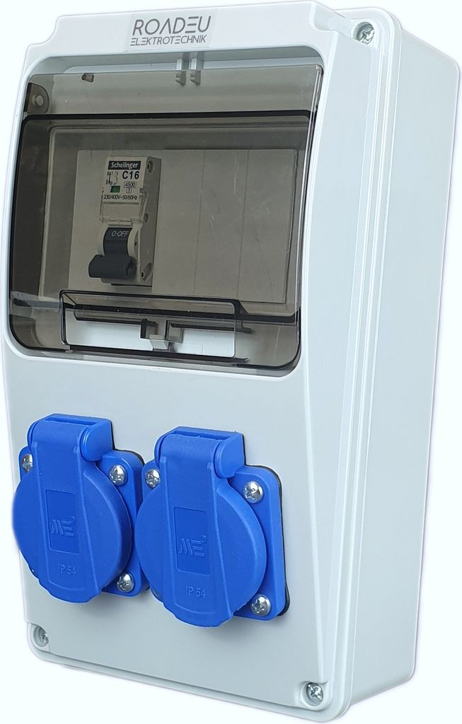 oadEu - Stromverteiler 230V - 2x Schuko Steckdose mit Schalter - Steckdosenverteiler mit Leistungsschalter C 16A. Baustromverteiler IP44
