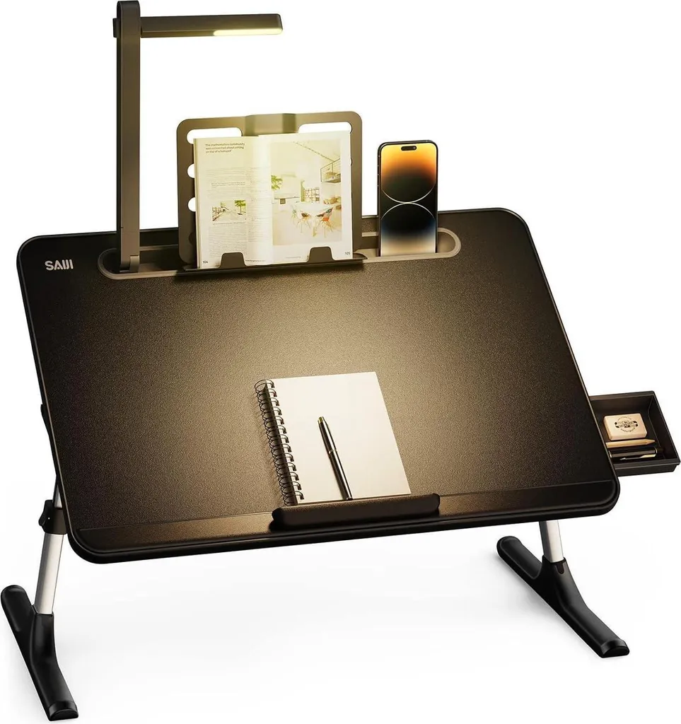 Table pour ordinateur portable réglable avec lampe LED et grand tiroir