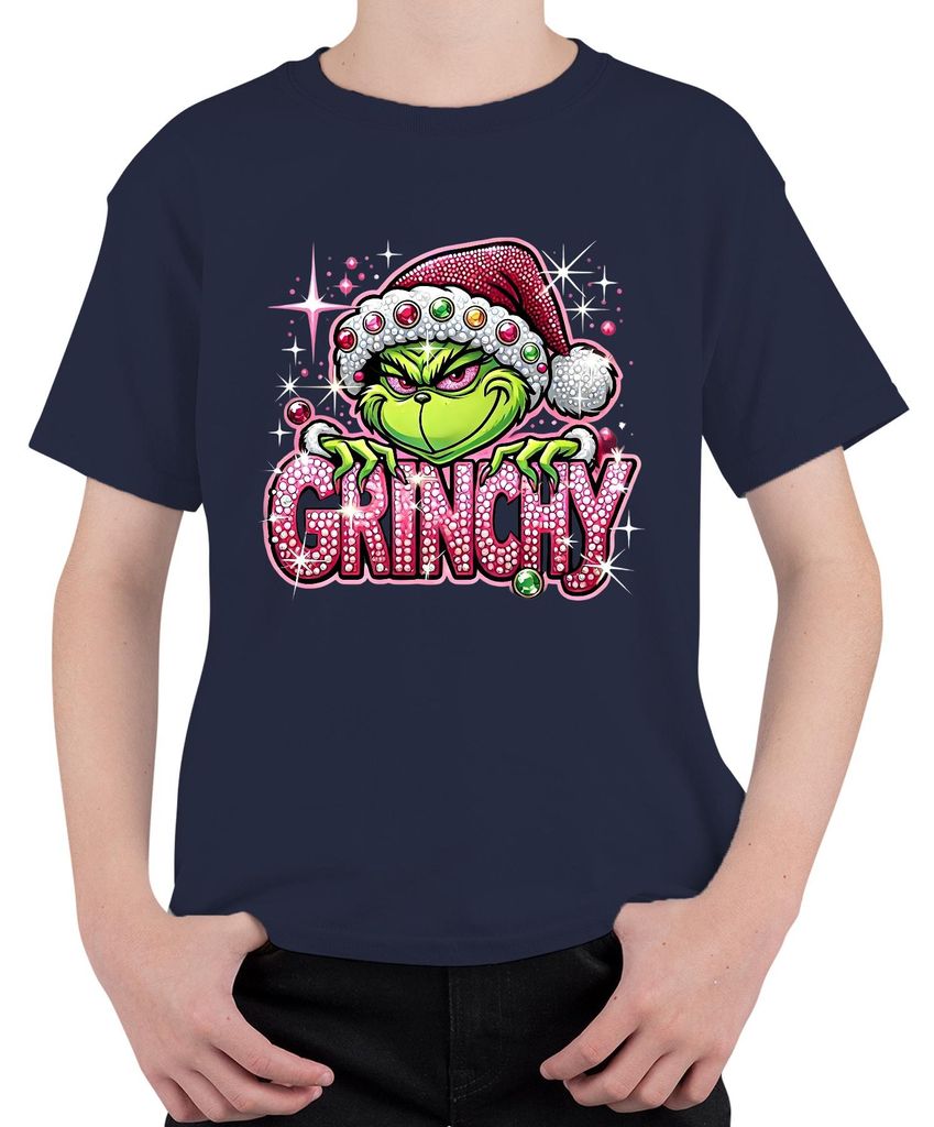 Grinchy Weihnachten Strass Glitzer Rosa Bling Lustig Geschenk Uni Kinder T-Shirt, Navy, 128