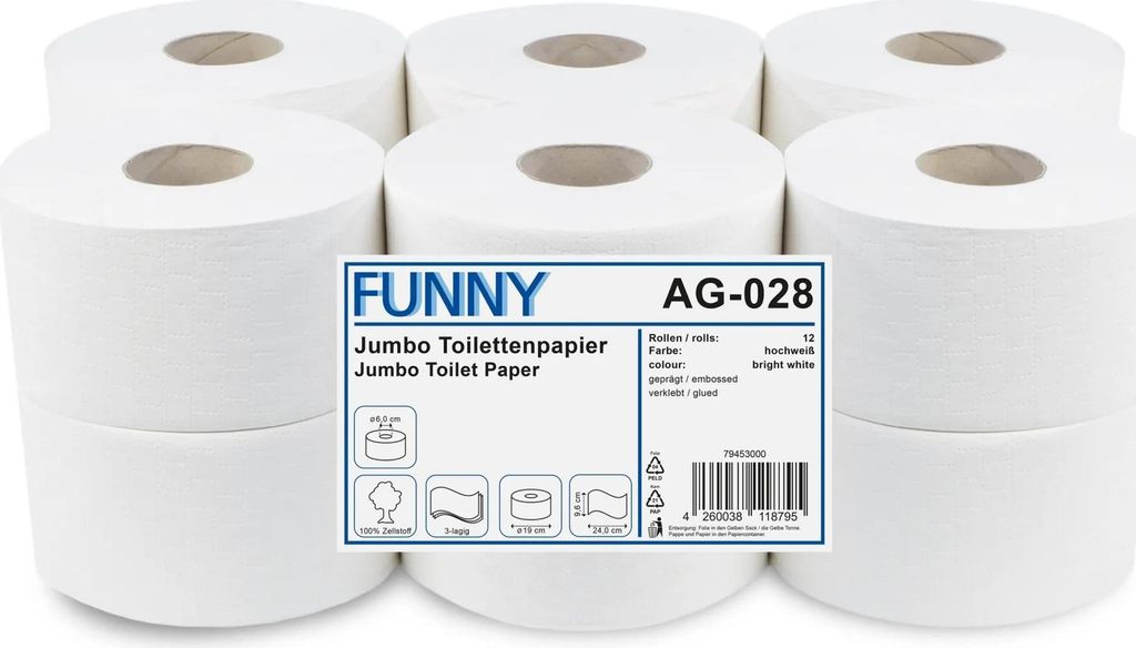 Jumbo Toilettenpapier FUNNY - 3 - lagig - Ø 19 cm - weiß - 24 Rollen