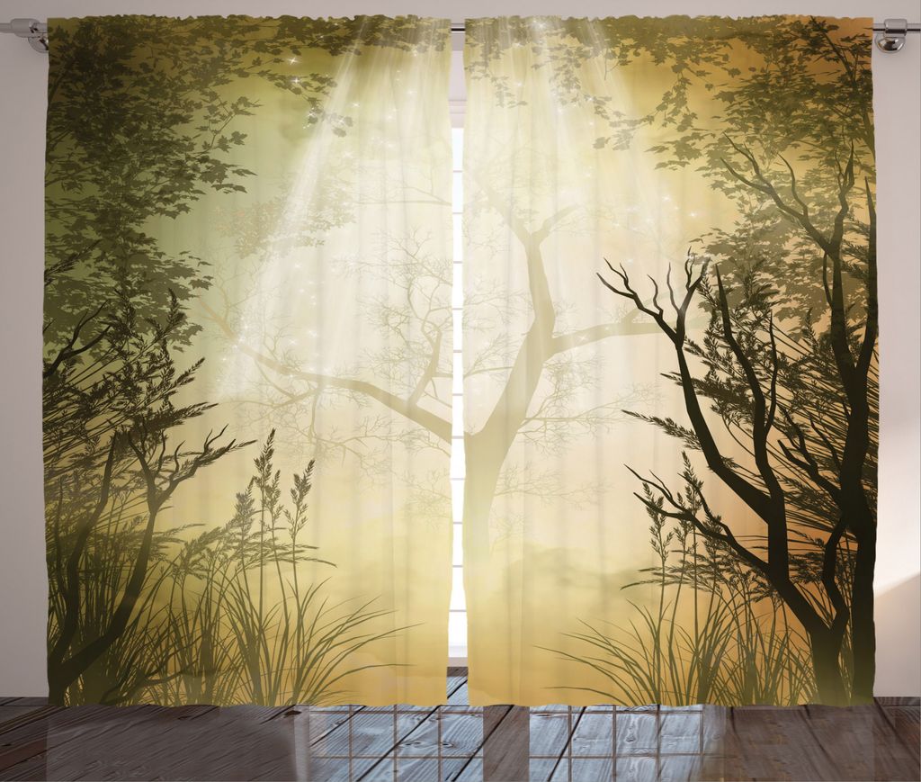 ABAKUHAUS Wald Rustikaler Vorhang, Mystical Sunbeams, Wohnzimmer Universalband Gardinen mit Schlaufen und Haken, 280 x 175 cm, Blassgelb Schwarz