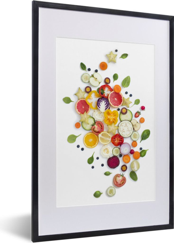 MuchoWow Gerahmtes Poster Obst - Gemüse - Weiß 40x60 cm - Poster mit Schwarzem Bilderrahmen Wandposter Rahmen Foto Bilder - Poster in Rahmen