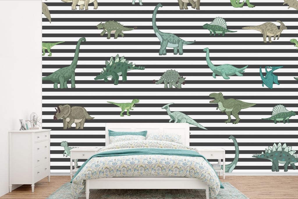 MuchoWow Fototapete für Wohnzimmer oder Schlafzimmer Wandtapete Vinyl Motivtapete Kinderzimmer - Dinosaurier - Schwarz - Jungen - Mädchen - Kin...