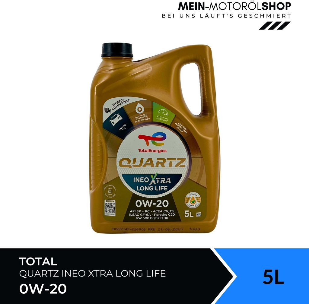 A bottle of Total Quartz Ineo Xtra Longlife 0W-20 engine oil is shown against a white background.