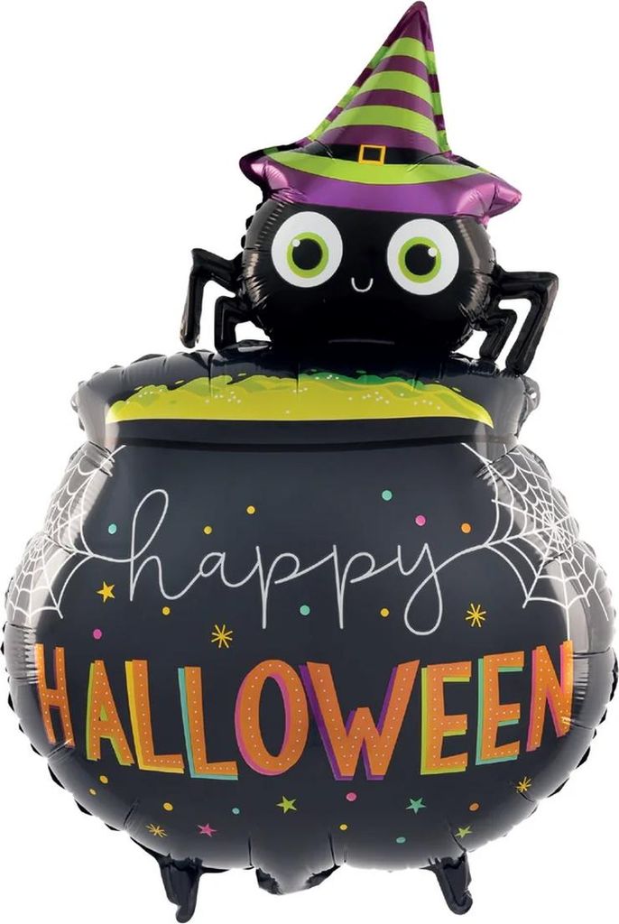 Folienballon Halloween, Spinne über Zauberkessel, Happy Halloween, 79 x 51 cm